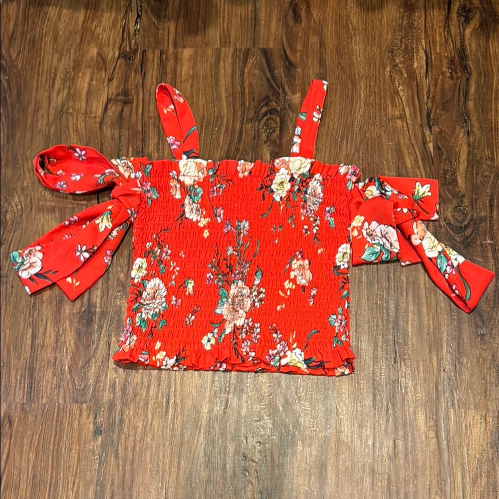 Rare Editions Red Smocked Top with Bow Sleeves